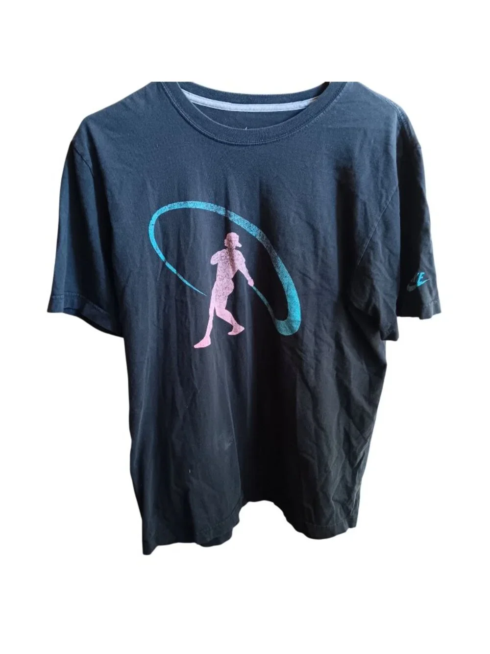 Large Faded Nike Black T-Shirt Pink & Blue Baseball Player Print Large